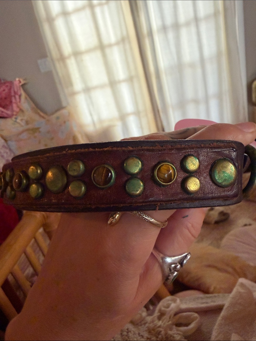 Tigers eye leather stud detail dog collar - Picture 7 of 8